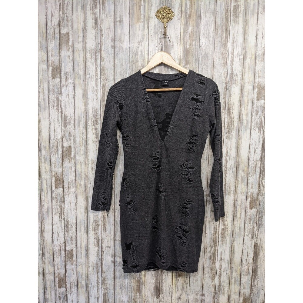Aria Bodycon Mini Dress M Grunge Long Sleeve Frayed Plunge Neck Gray